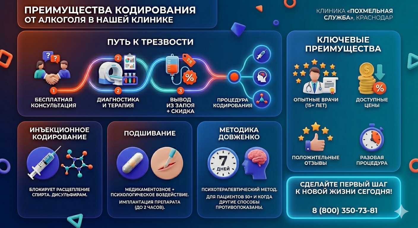 Инфографика о методах кодирования от алкоголя в Лабинске: инъекции, подшивание, метод Довженко. Преимущества клиники и этапы лечения.