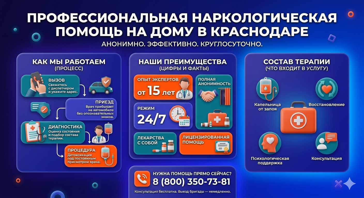 Инфографика о принципах лечения алкоголизма на дому в Лабинске: этапы вызова нарколога, преимущества анонимной детоксикации и состав медицинской помощи.